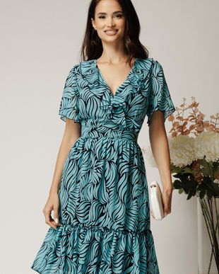 Rochie midi turcoaz din voal cu imprimeu si volane