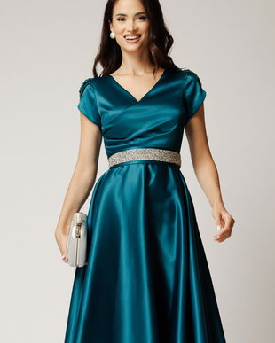 Rochie Amira midi verde petrol din tafta cu paiete pe maneci si cordon in talie