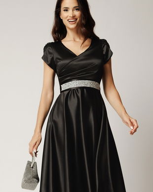 Rochie Amira midi neagra din tafta cu paiete pe maneci si cordon in talie