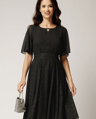 Rochie DY Fashion midi neagra din voal in clos cu glitter si cordon in talie