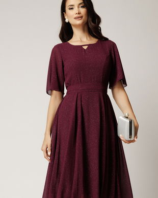 Rochie DY Fashion midi bordo din voal in clos cu glitter si cordon in talie