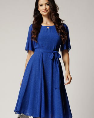 Rochie DY Fashion midi albastra din voal in clos cu glitter si cordon in talie