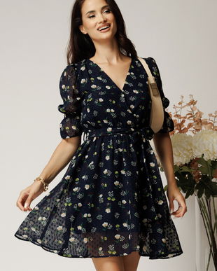 Rochie DY Fashion scurta bleumarin din voal cu floricele si cordon in talie