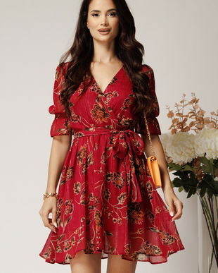 Rochie DY Fashion scurta magenta din voal cu imprimeu floral si fir lurex