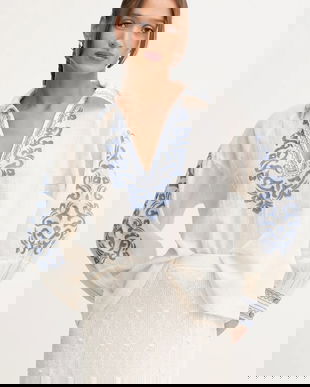 Hoss Intropia bluză din in culoarea bej, cu imprimeu, 6282664