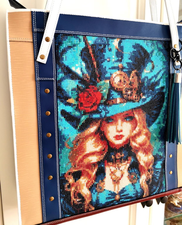 Geanta piele naturala*Tote bag*Diamond Painting*Girl in Wonderland