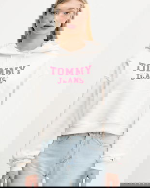 Tommy Jeans hanorac de bumbac culoarea bej, cu glugă, cu imprimeu, DW0DW21598