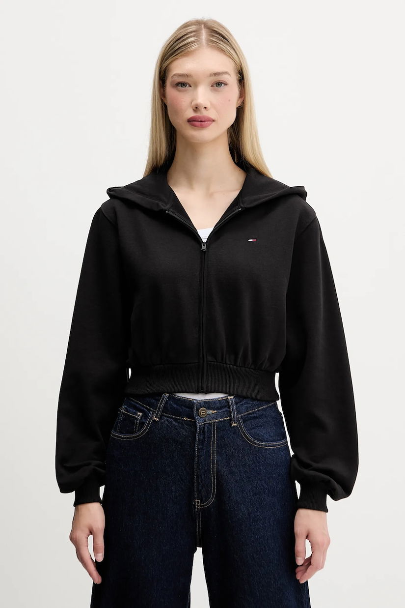 Tommy Jeans hanorac de bumbac culoarea negru, cu glugă, uni, DW0DW21590