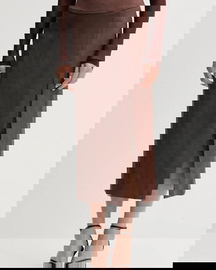 Bardot fustă culoarea maro, midi, drept, 58855SB5