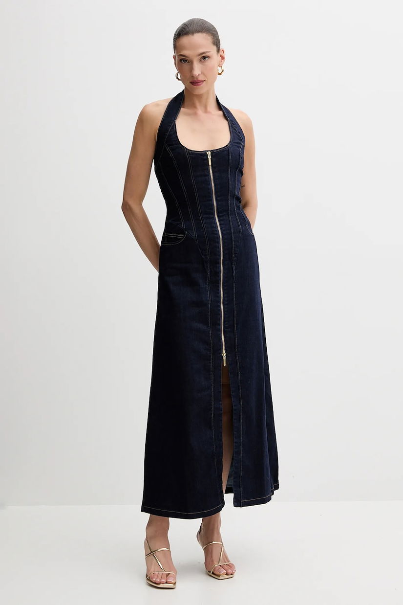 Bardot rochie jeans culoarea bleumarin, maxi, evazați, 91426DB