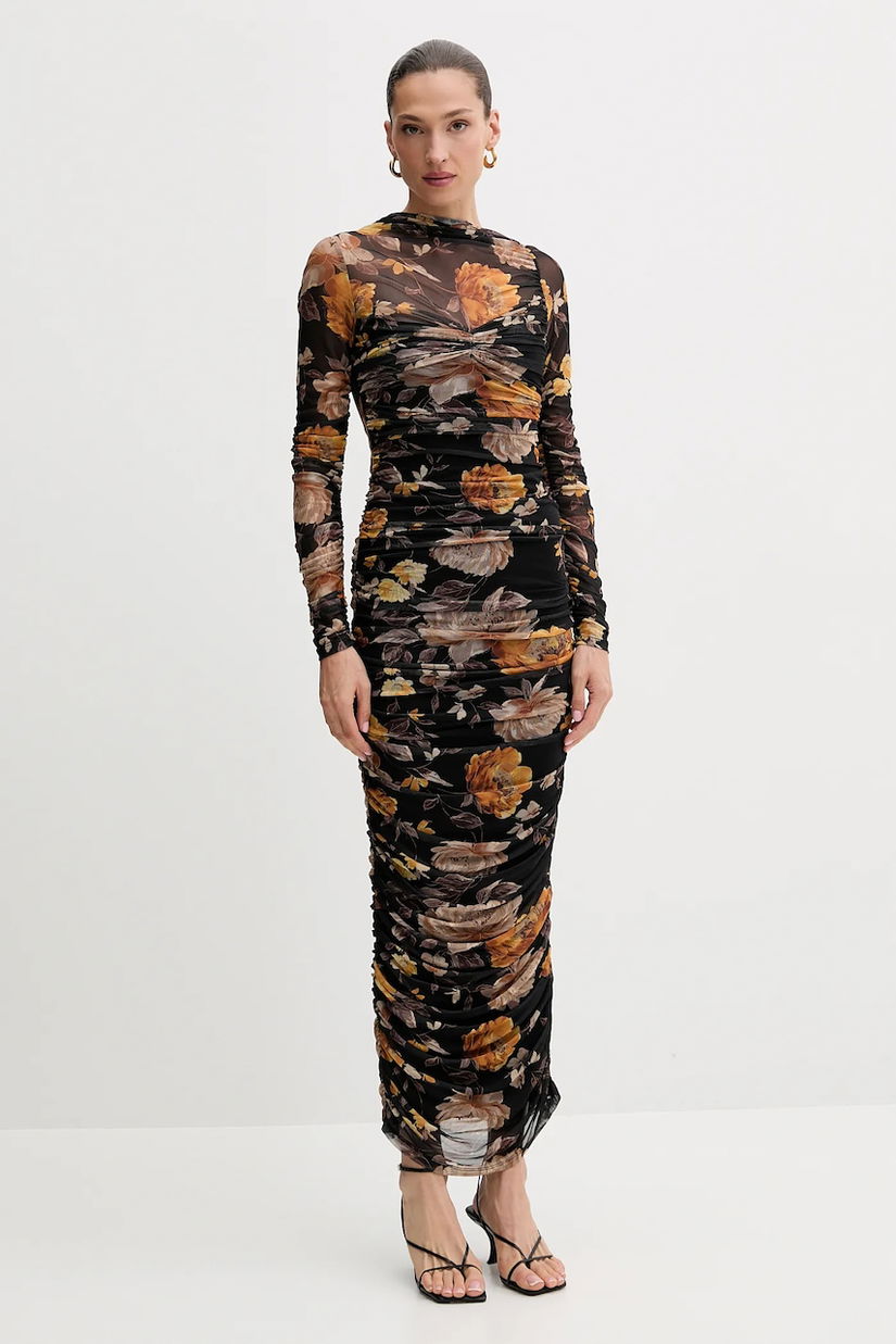 Bardot rochie culoarea negru, midi, mulată, 60096DB