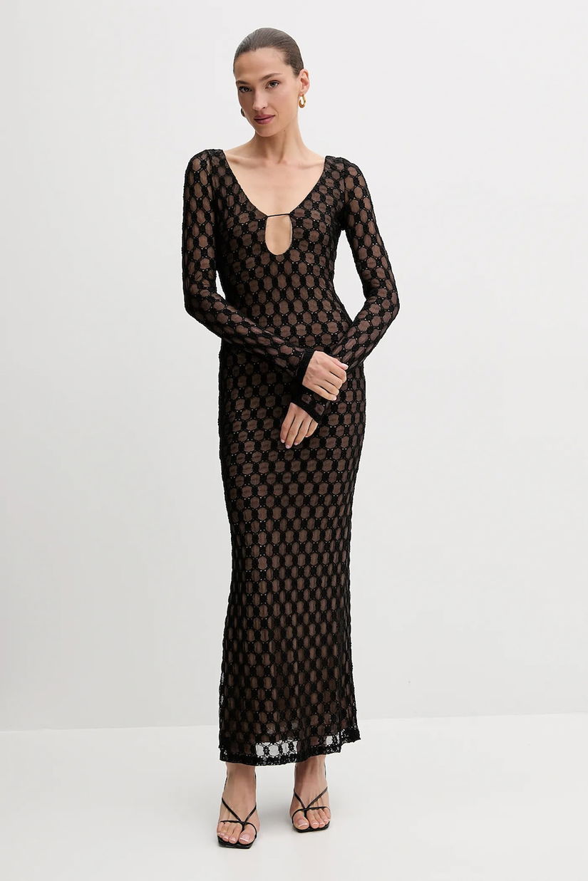 Bardot rochie culoarea negru, maxi, mulată, 59966DB