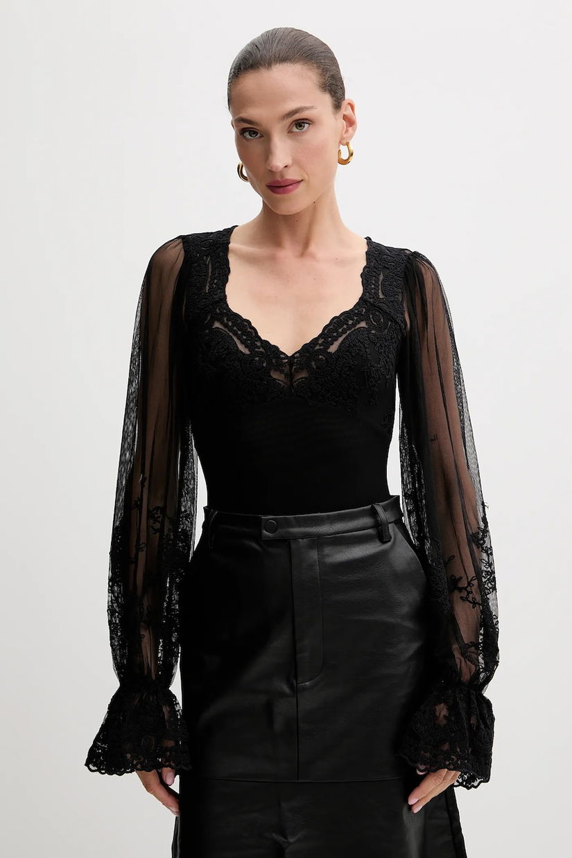 Bardot bluză culoarea negru, cu imprimeu, 60075TB