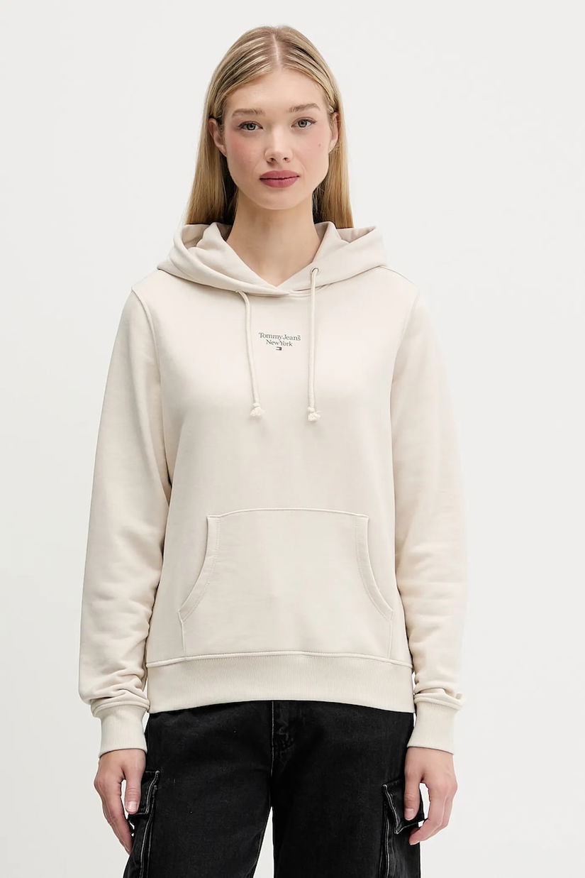 Tommy Jeans bluza femei, culoarea bej, cu glugă, neted, DW0DW19712
