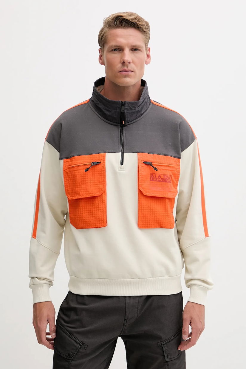 Napapijri hanorac din amestec de lână B-Tusco Hz bărbați, culoarea bej, cu imprimeu, NP0A4IC9N1J1