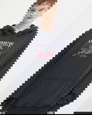 Tommy Jeans hanorac de bumbac culoarea negru, cu glugă, cu imprimeu, DW0DW22169