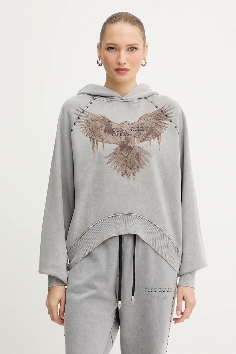 Just Cavalli hanorac de bumbac culoarea gri, cu glugă, cu imprimeu, 79PAIE05 CFW13