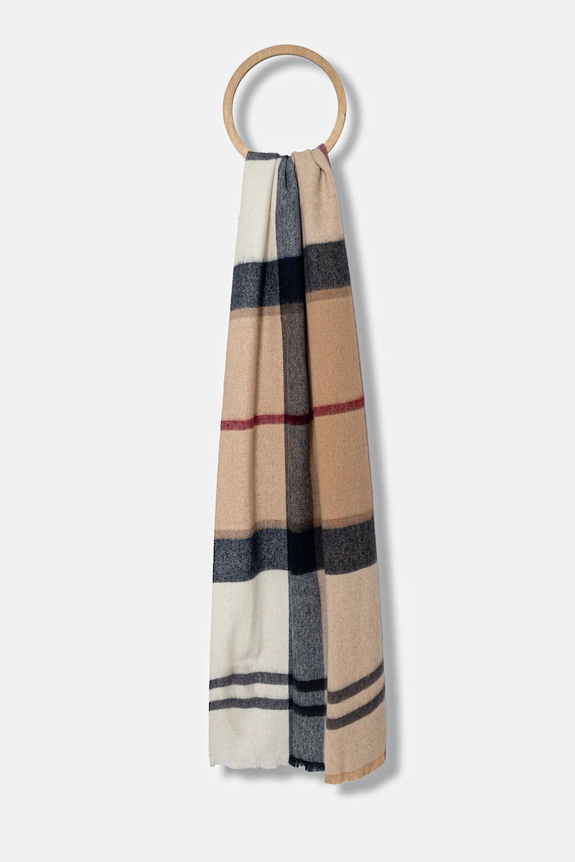 Barbour eșarfă de lână Rosefield culoarea maro, cu imprimeu, LSC0354