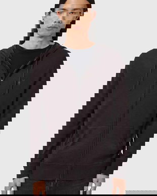 AllSaints bluză din lână MODE MERINO ZIP HOOD culoarea negru, cu glugă, melanj, M084KB