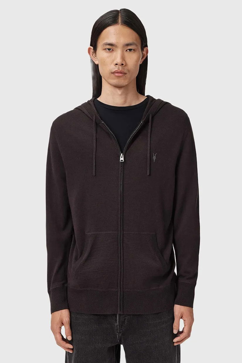 AllSaints bluză din lână MODE MERINO ZIP HOOD culoarea negru, cu glugă, melanj, M084KB