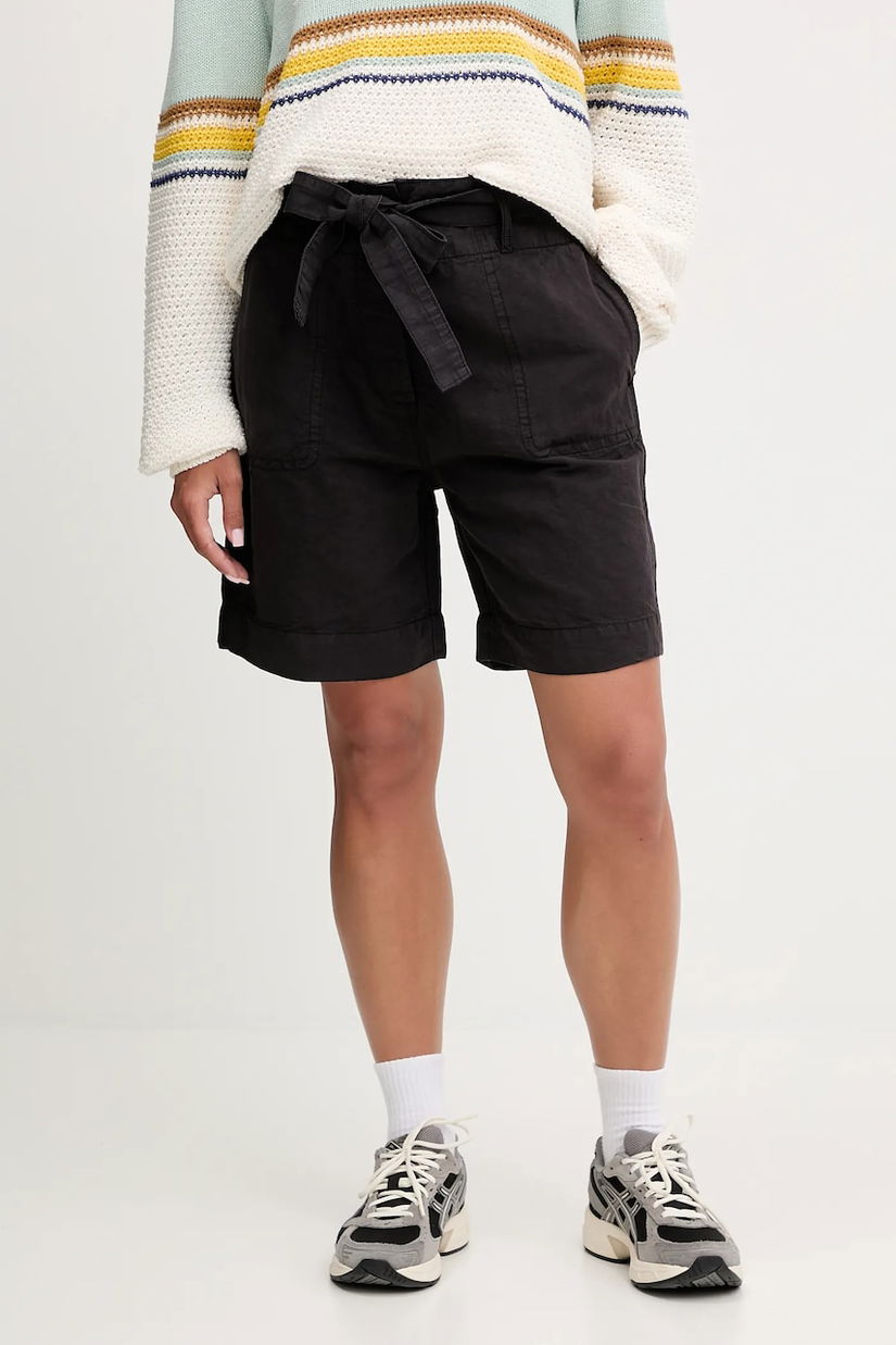 Napapijri pantaloni scurți din in N-Nice culoarea negru, uni, high waist, NP0A4IEX9411