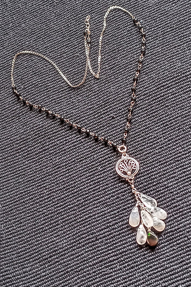 Colier argint piatra lunii opal de foc etiopian negru spinel negru conector filigranat lant argint minimalist boho chic trendy - Transport gratuit