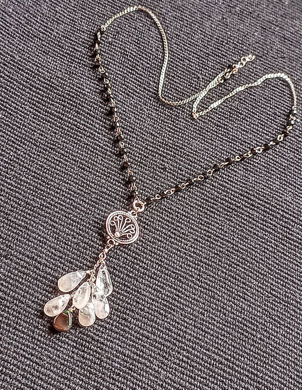 Colier argint piatra lunii opal de foc etiopian negru spinel negru conector filigranat lant argint minimalist boho chic trendy - Transport gratuit