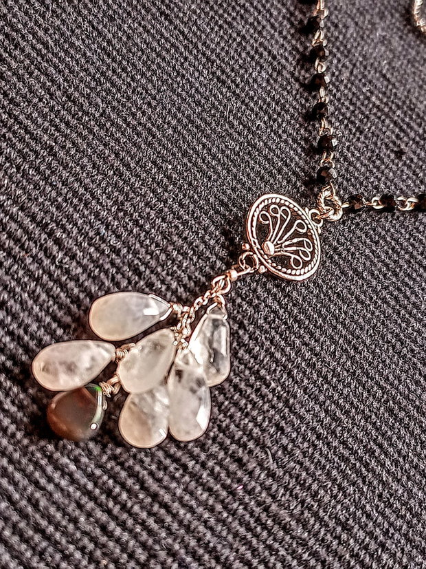 Colier argint piatra lunii opal de foc etiopian negru spinel negru conector filigranat lant argint minimalist boho chic trendy - Transport gratuit