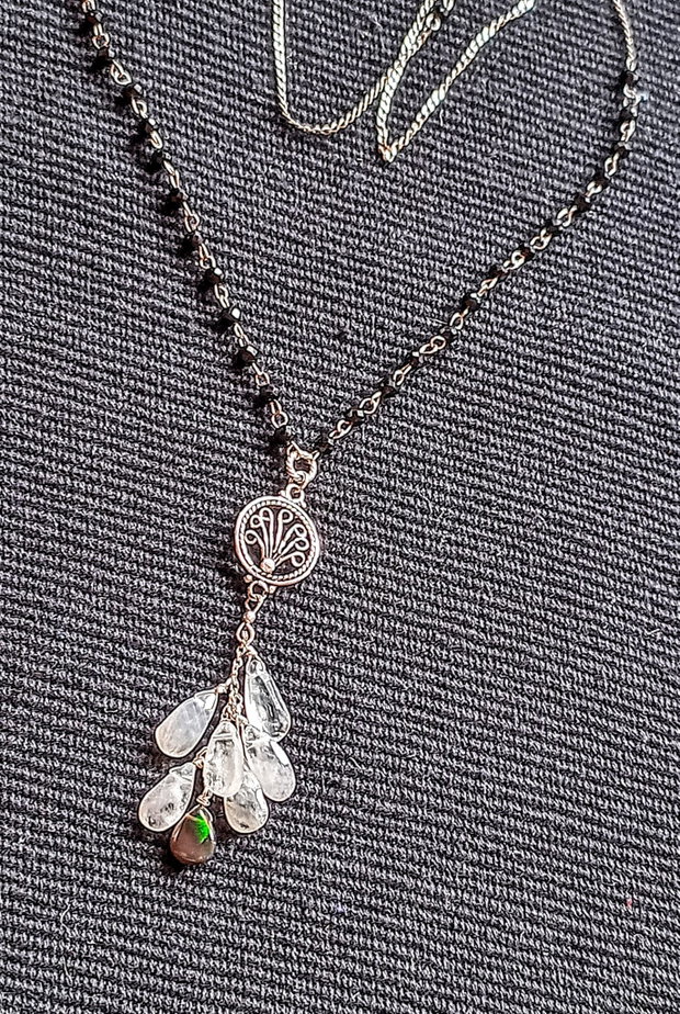Colier argint piatra lunii opal de foc etiopian negru spinel negru conector filigranat lant argint minimalist boho chic trendy - Transport gratuit