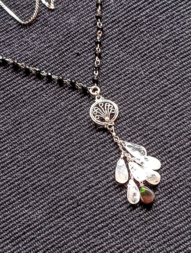 Colier argint piatra lunii opal de foc etiopian negru spinel negru conector filigranat lant argint minimalist boho chic trendy - Transport gratuit