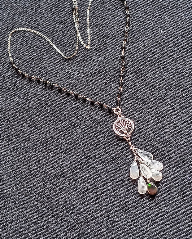 Colier argint piatra lunii opal de foc etiopian negru spinel negru conector filigranat lant argint minimalist boho chic trendy - Transport gratuit