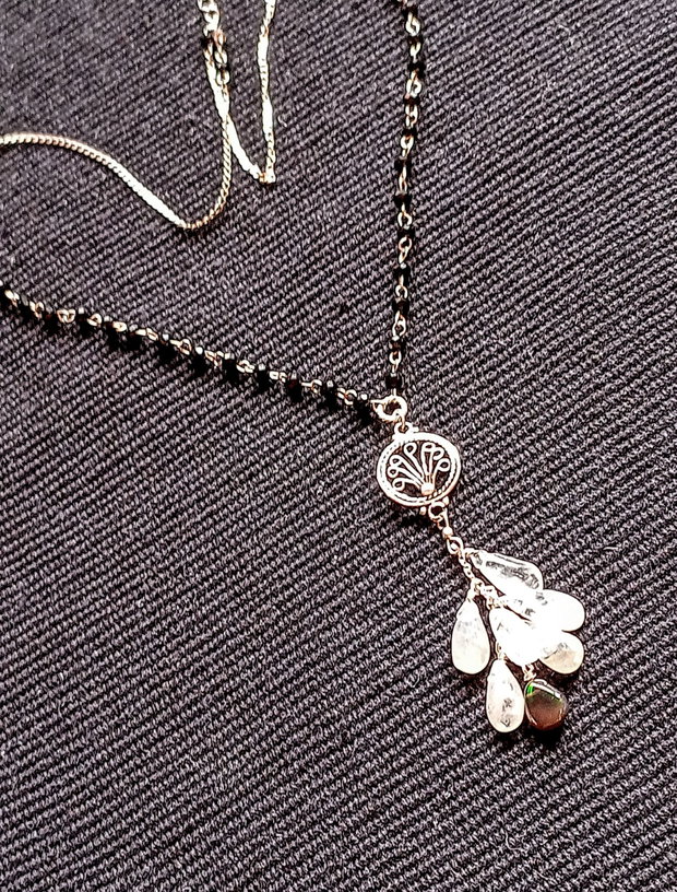 Colier argint piatra lunii opal de foc etiopian negru spinel negru conector filigranat lant argint minimalist boho chic trendy - Transport gratuit