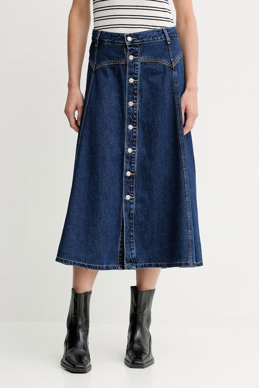 Levi's fustă jeans culoarea bleumarin, midi, evazați, 003NN