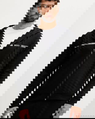 BOSS hanorac de bumbac culoarea negru, cu glugă, cu imprimeu, 50550571