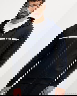 BOSS hanorac de bumbac culoarea bleumarin, cu glugă, cu imprimeu, 50550571