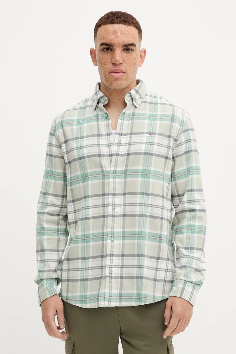 Tommy Jeans cămașă din bumbac culoarea verde, cu guler button-down, regular, DM0DM22024