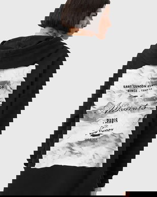 AllSaints hanorac de bumbac ETTI culoarea negru, cu glugă, cu imprimeu, W054JD