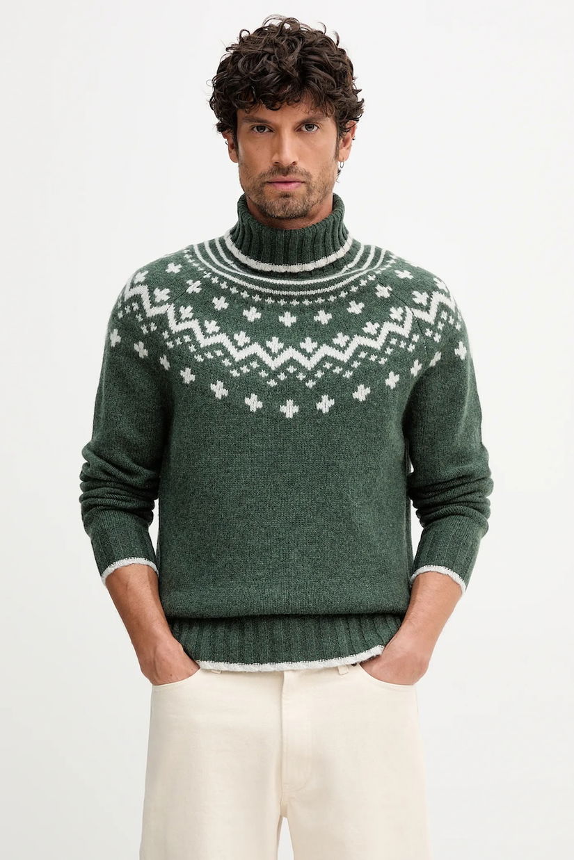 Barbour pulover de lână HEWTON culoarea verde, călduros, cu guler, MKN1672