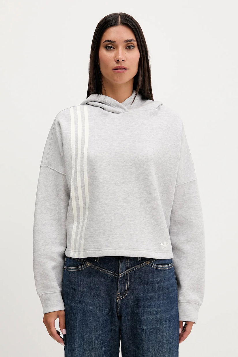 adidas Originals bluză 3-Stripes culoarea gri, cu glugă, melanj, JW3596