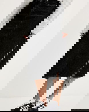 Karl Lagerfeld Jeans fustă jeans culoarea negru, midi, drept, A4W12002