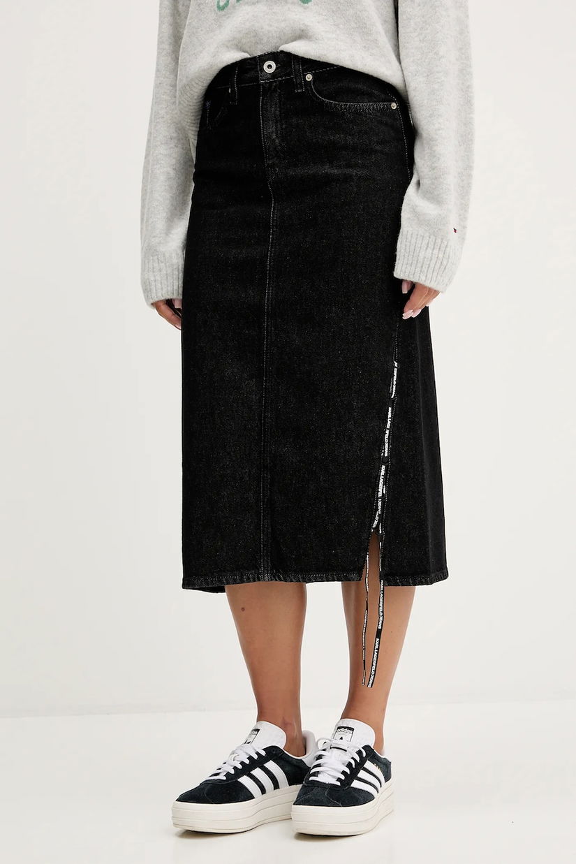 Karl Lagerfeld Jeans fustă jeans culoarea negru, midi, drept, A4W12002