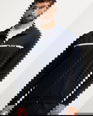 BOSS hanorac de bumbac culoarea bleumarin, cu imprimeu, 50550561