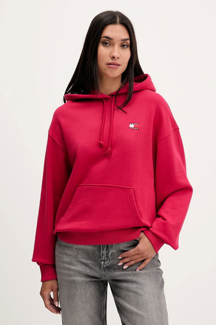 Tommy Jeans hanorac de bumbac culoarea roz, cu glugă, cu imprimeu, DW0DW19414