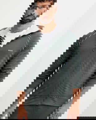 BOSS bluză lounge culoarea albastru marin, cu glugă, neted