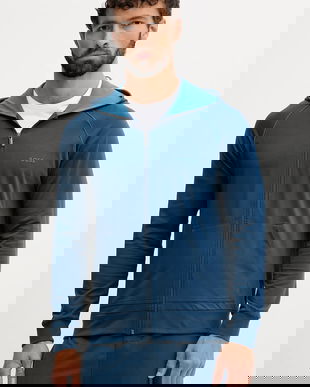 BOSS bluză lounge culoarea albastru marin, cu glugă, neted