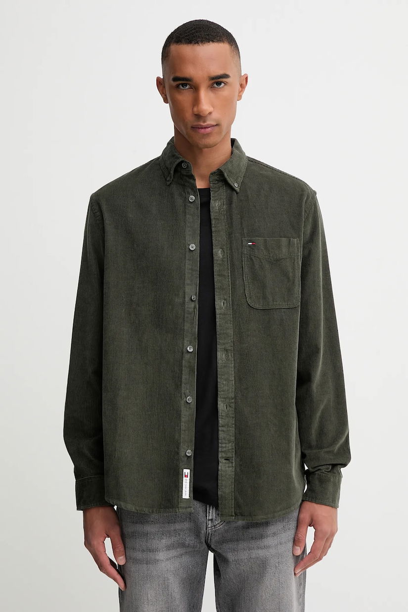 Tommy Jeans cămașă din velur culoarea verde, regular, DM0DM22021