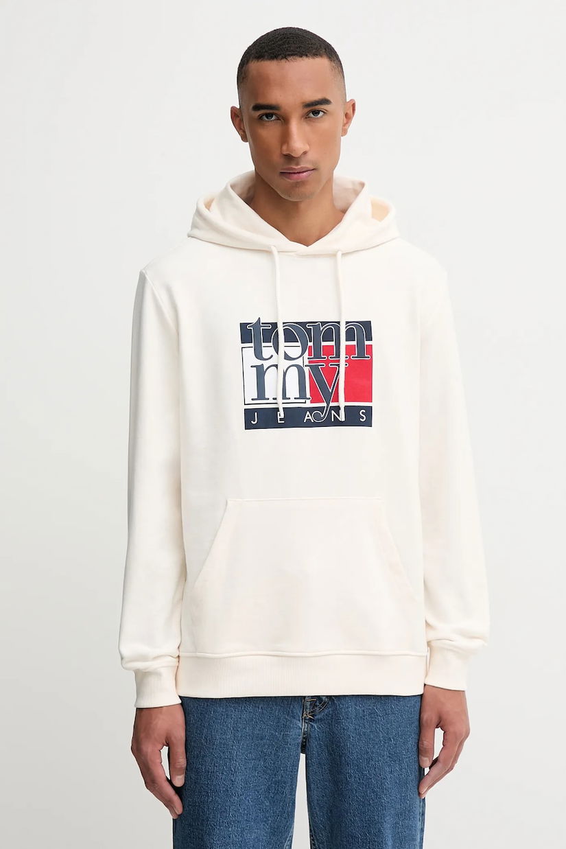 Tommy Jeans hanorac de bumbac culoarea bej, cu glugă, cu imprimeu, DM0DM22092