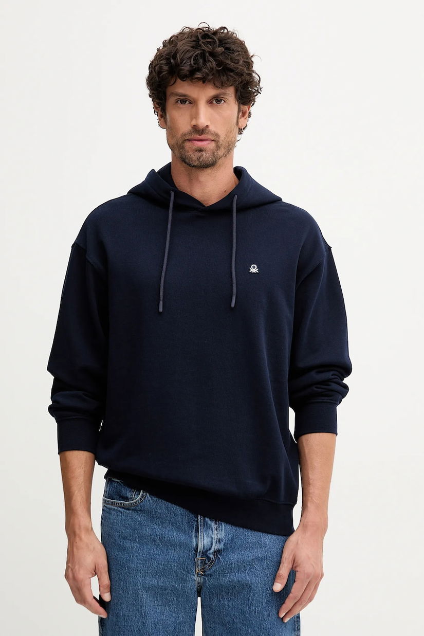 United Colors of Benetton hanorac de bumbac culoarea negru, cu glugă, uni, 342ZU201K