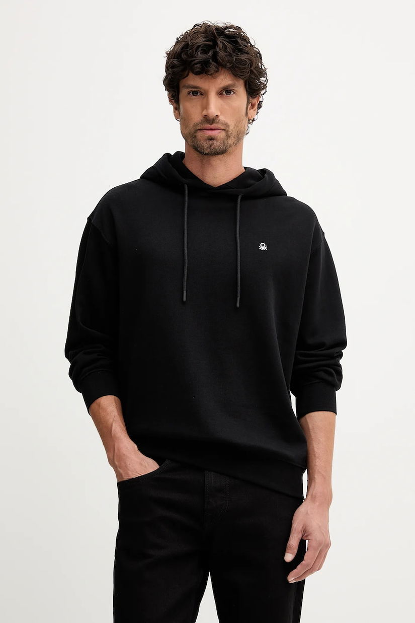 United Colors of Benetton hanorac de bumbac culoarea negru, cu glugă, uni, 342ZU201K