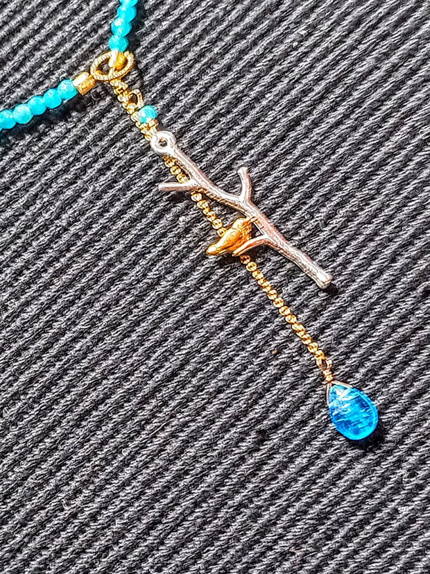 Colier vermeil calcedonie apatit brioleta charm ramura pasare argint vermeil doua tonuri minimalist boho chic trendy cadou - Transport gratuit